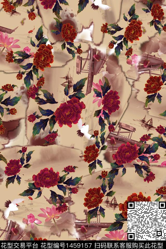 中国风花卉仙鹤手绘花卉数码印花华亿平台下载（图片编号: 1459157） - 瓦栏（Walan）
