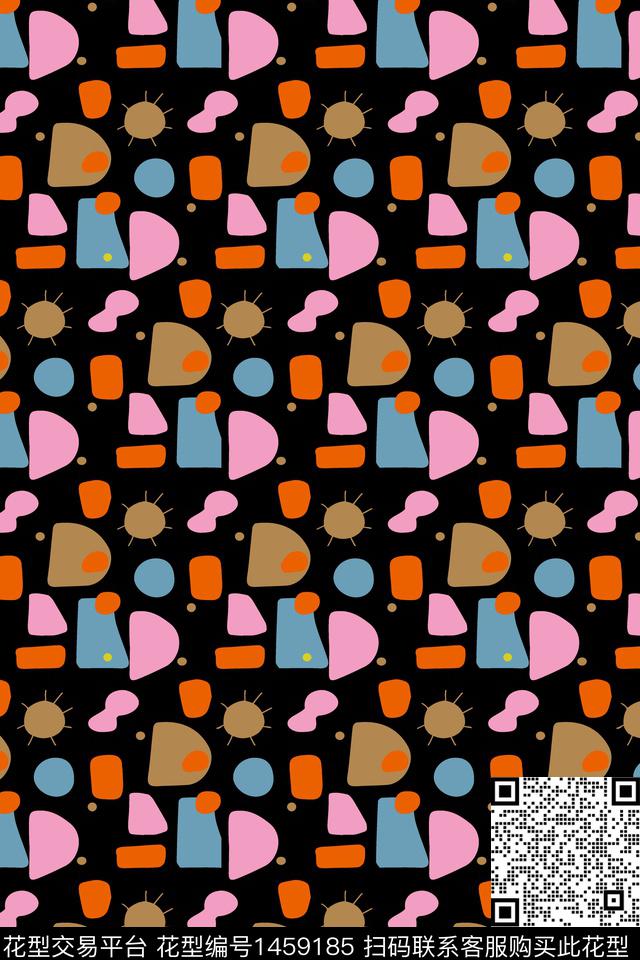 几何黑底花卉年轻女性数码印花华亿平台下载（图片编号: 1459185） - 瓦栏（Walan）