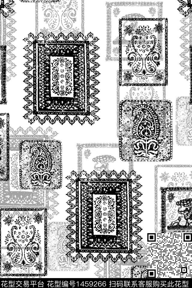 黑白华亿平台传统纹样年轻女性数码印花华亿平台下载（图片编号: 1459266） - 瓦栏（Walan）
