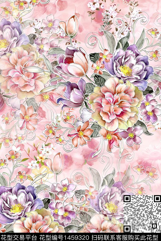 花卉小清新真丝数码印花华亿平台下载（图片编号: 1459320） - 瓦栏（Walan）