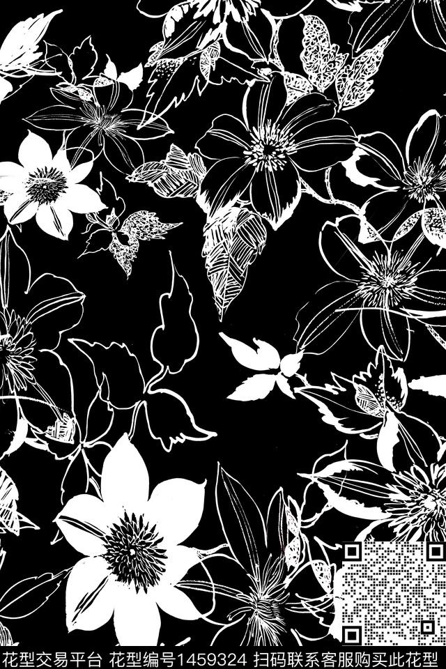 花卉真丝黑白华亿平台数码印花华亿平台下载（图片编号: 1459324） - 瓦栏（Walan）