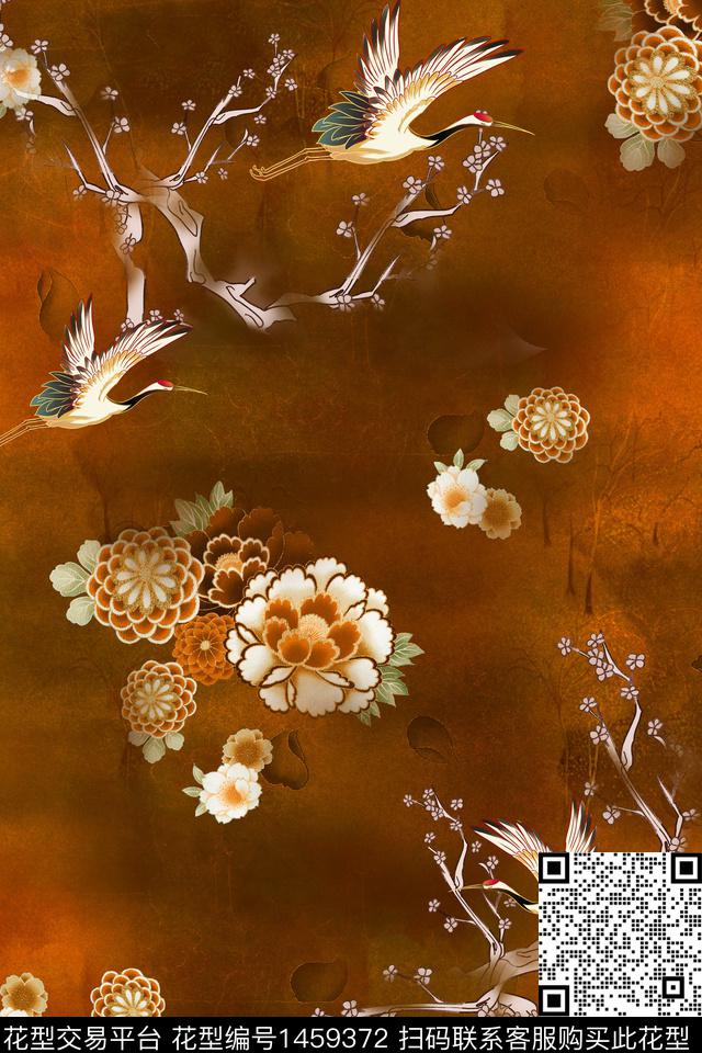 中国风仙鹤旗袍数码印花华亿平台下载（图片编号: 1459372） - 瓦栏（Walan）