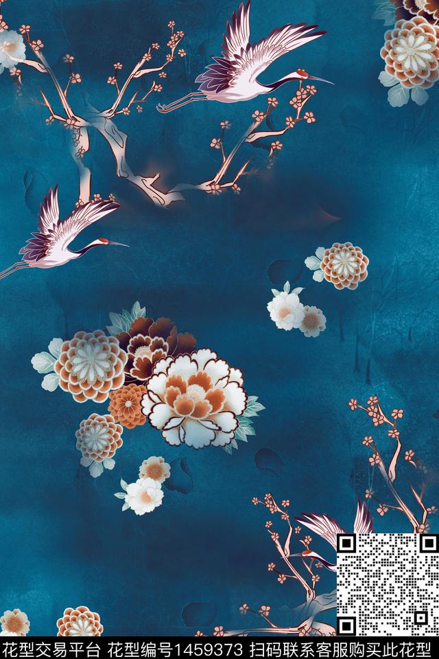 中国风仙鹤旗袍数码印花华亿平台下载（图片编号: 1459373） - 瓦栏（Walan）