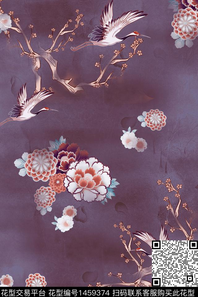 中国风仙鹤旗袍数码印花华亿平台下载（图片编号: 1459374） - 瓦栏（Walan）