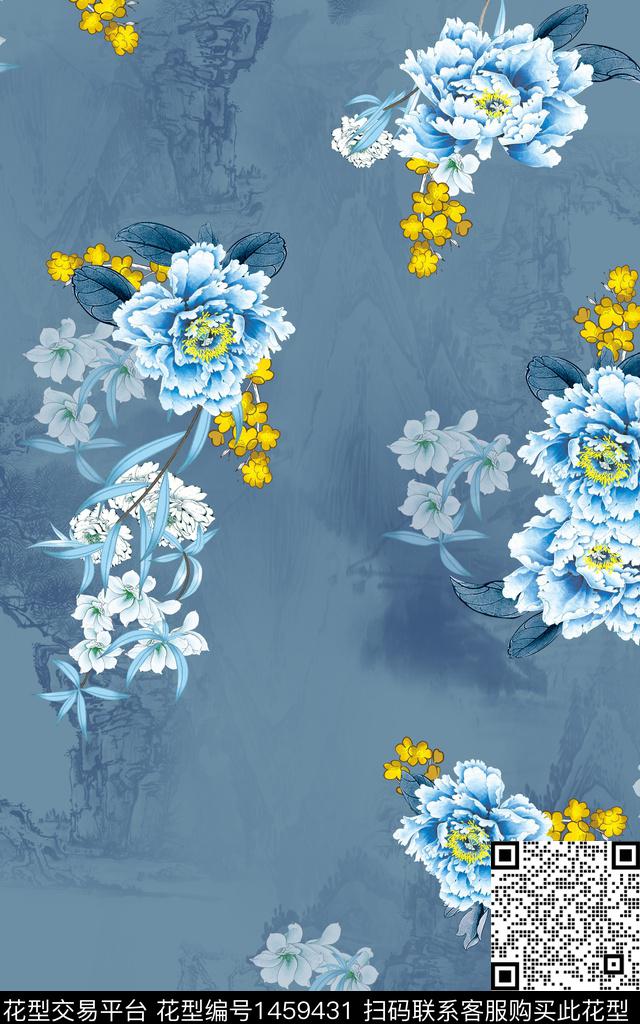 水墨风复古旗袍数码印花华亿平台下载（图片编号: 1459431） - 瓦栏（Walan）