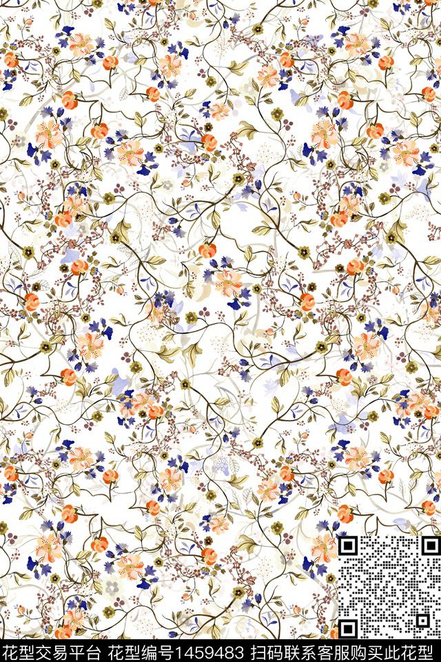 水彩花卉大牌风数码印花华亿平台下载（图片编号: 1459483） - 瓦栏（Walan）