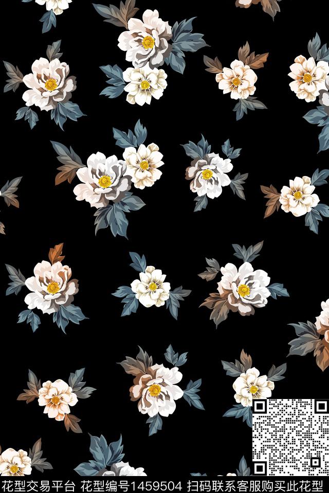 黑底花卉绿植树叶年轻女性数码印花华亿平台下载（图片编号: 1459504） - 瓦栏（Walan）