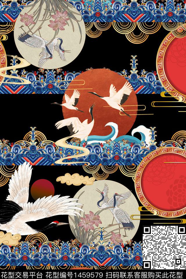 祥云中式风仙鹤数码印花华亿平台下载（图片编号: 1459579） - 瓦栏（Walan）
