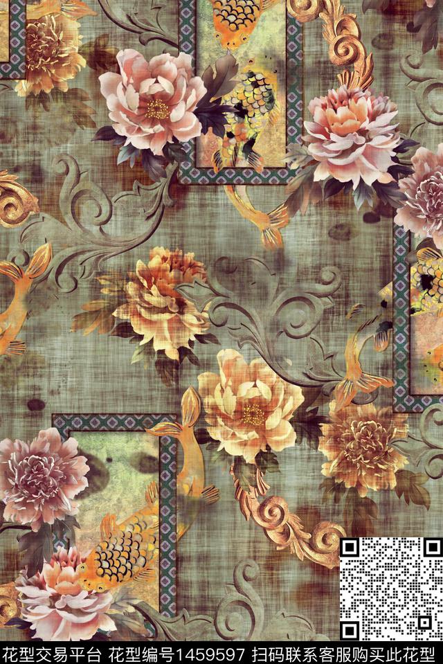 中国风手绘花卉复古数码印花华亿平台下载（图片编号: 1459597） - 瓦栏（Walan）