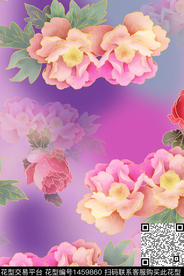 花卉香云纱真丝数码印花华亿平台下载（图片编号: 1459860） - 瓦栏（Walan）