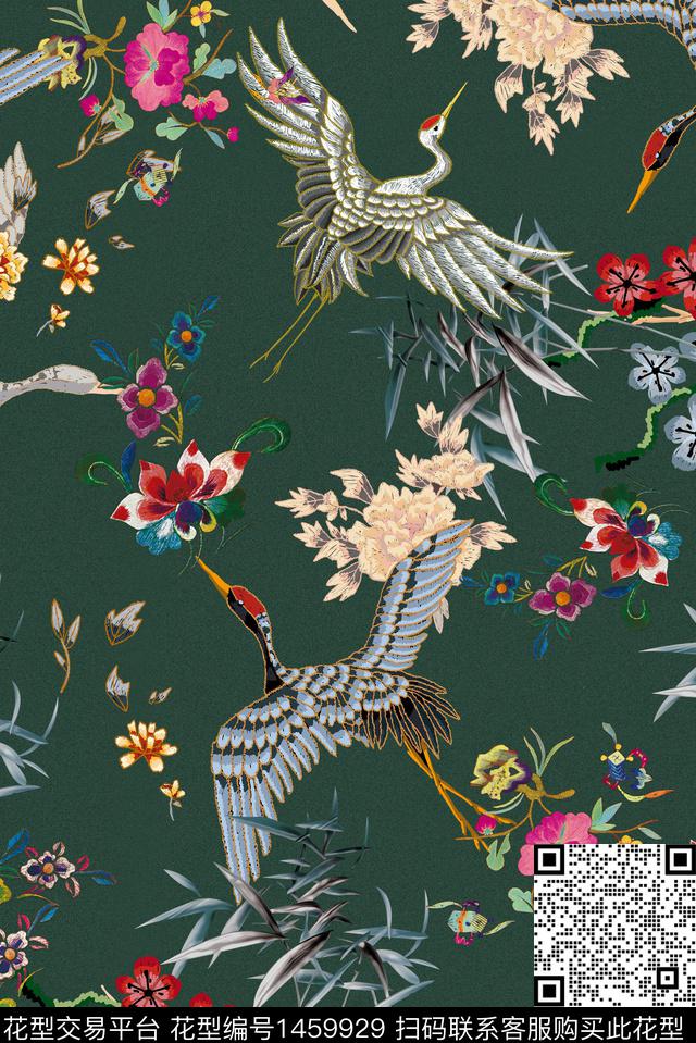 竹子仙鹤绣花花卉数码印花华亿平台下载（图片编号: 1459929） - 瓦栏（Walan）