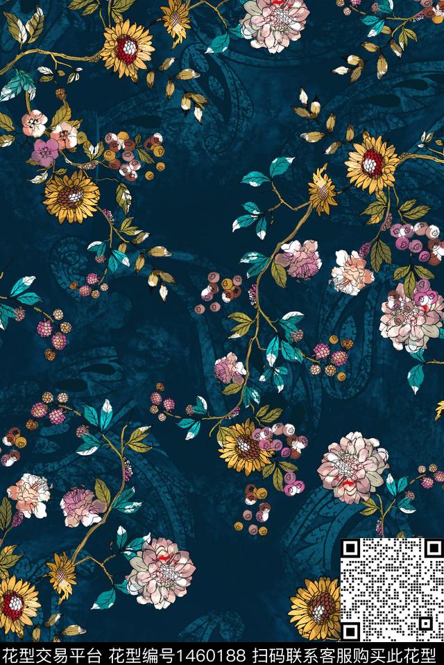 复古花卉旗袍数码印花华亿平台下载（图片编号: 1460188） - 瓦栏（Walan）