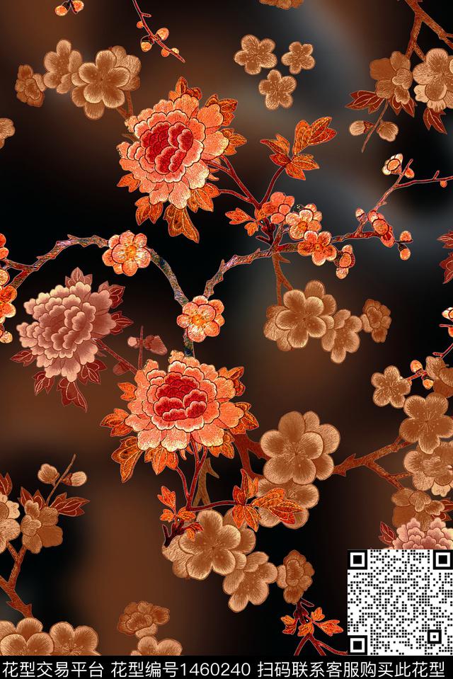 香云纱中国风花卉审数码印花华亿平台下载（图片编号: 1460240） - 瓦栏（Walan）