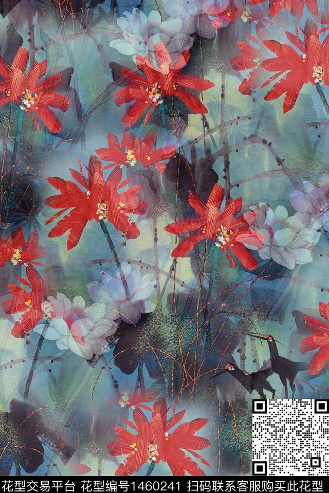 荷花手绘花卉中国风花卉数码印花华亿平台下载（图片编号: 1460241） - 瓦栏（Walan）