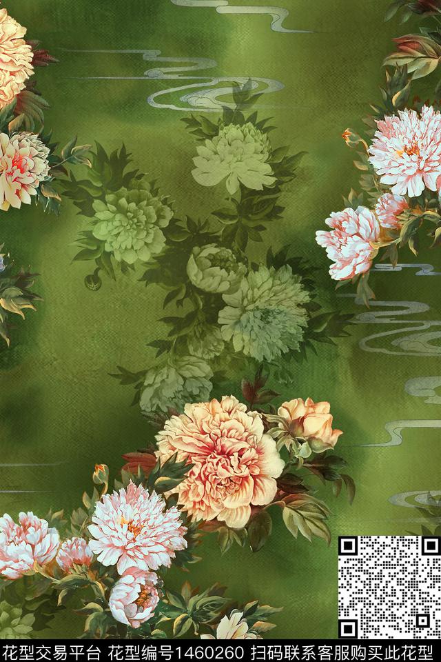 中国风大花真丝数码印花华亿平台下载（图片编号: 1460260） - 瓦栏（Walan）