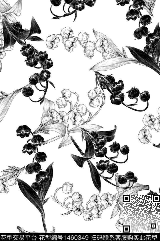 花卉黑白华亿平台素描传统印花华亿平台下载（图片编号: 1460349） - 瓦栏（Walan）