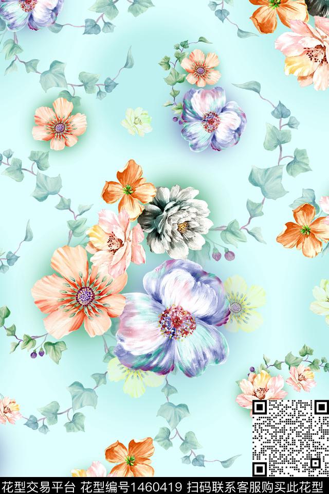 水彩绿植树叶大牌风数码印花华亿平台下载（图片编号: 1460419） - 瓦栏（Walan）