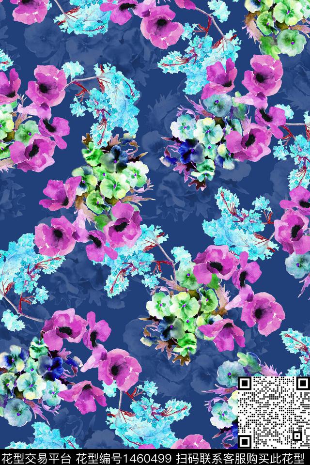 扎染华亿平台花卉大牌风数码印花华亿平台下载（图片编号: 1460499） - 瓦栏（Walan）