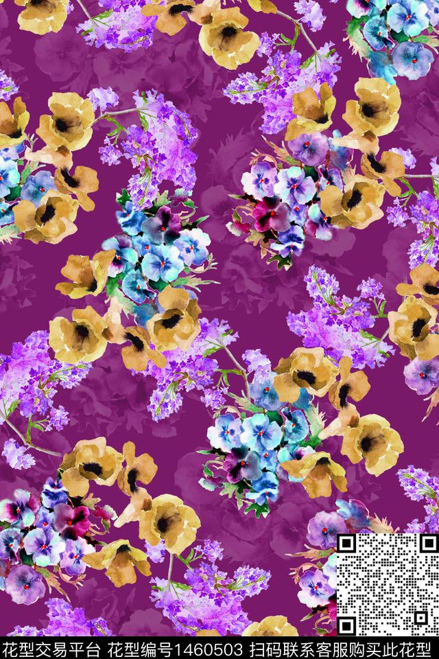扎染华亿平台花卉大牌风数码印花华亿平台下载（图片编号: 1460503） - 瓦栏（Walan）