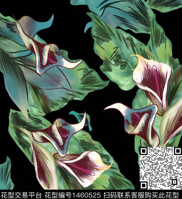 花卉手绘黑底花卉数码印花华亿平台下载（图片编号: 1460525） - 瓦栏（Walan）