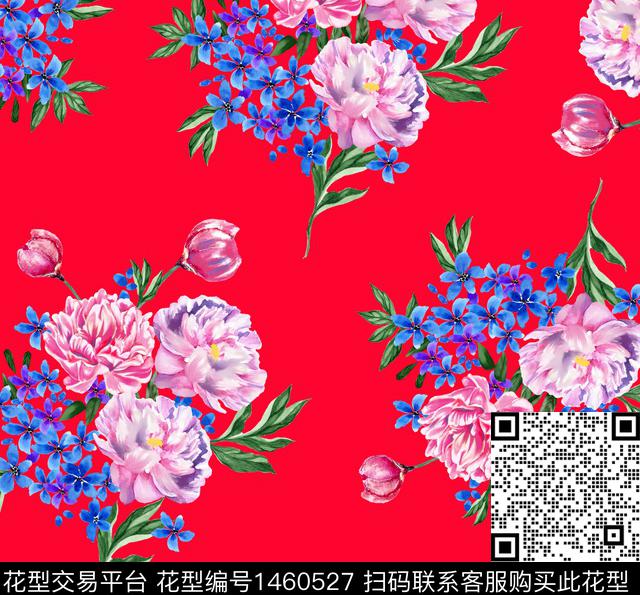 水彩花卉大红底数码印花华亿平台下载（图片编号: 1460527） - 瓦栏（Walan）