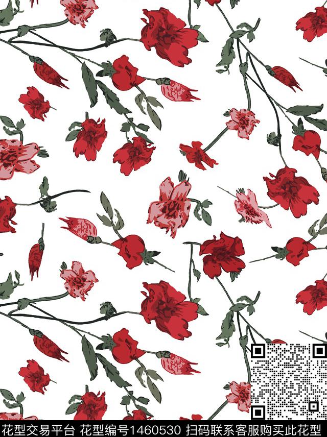 花卉抽象白底花传统印花华亿平台下载（图片编号: 1460530） - 瓦栏（Walan）