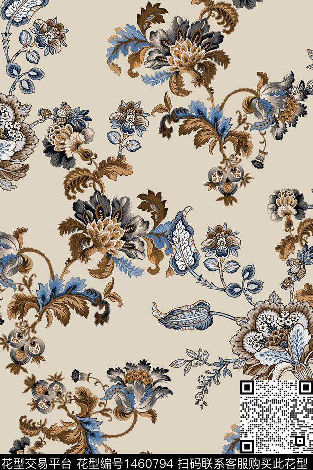 真丝欧洲花纹数码印花华亿平台下载（图片编号: 1460794） - 瓦栏（Walan）