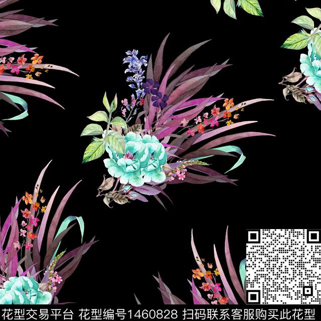 水彩花卉黑底花卉数码印花华亿平台下载（图片编号: 1460828） - 瓦栏（Walan）