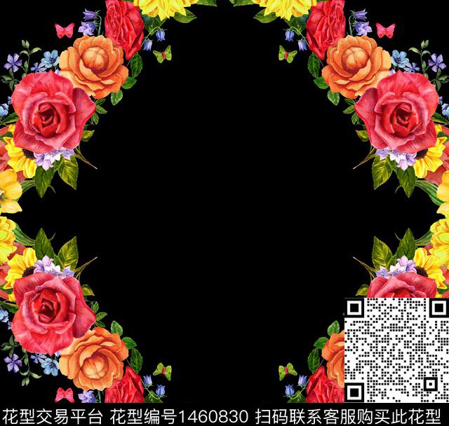 花卉黑底花卉框架数码印花华亿平台下载（图片编号: 1460830） - 瓦栏（Walan）