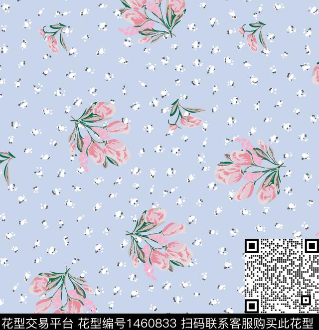 花卉波点天蓝底传统印花华亿平台下载（图片编号: 1460833） - 瓦栏（Walan）