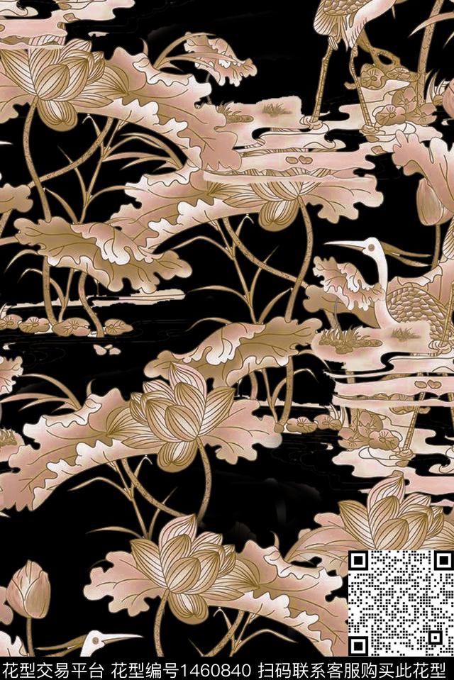 荷花中国风旗袍风数码印花华亿平台下载（图片编号: 1460840） - 瓦栏（Walan）