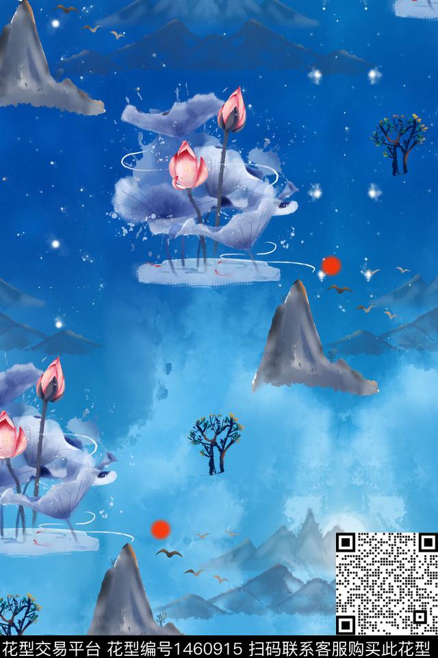 水彩荷花审数码印花华亿平台下载（图片编号: 1460915） - 瓦栏（Walan）