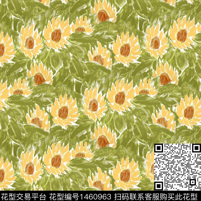 向日葵鸢尾花手绘大花数码印花华亿平台下载（图片编号: 1460963） - 瓦栏（Walan）