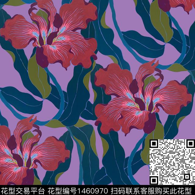 向日葵鸢尾花手绘大花数码印花华亿平台下载（图片编号: 1460970） - 瓦栏（Walan）