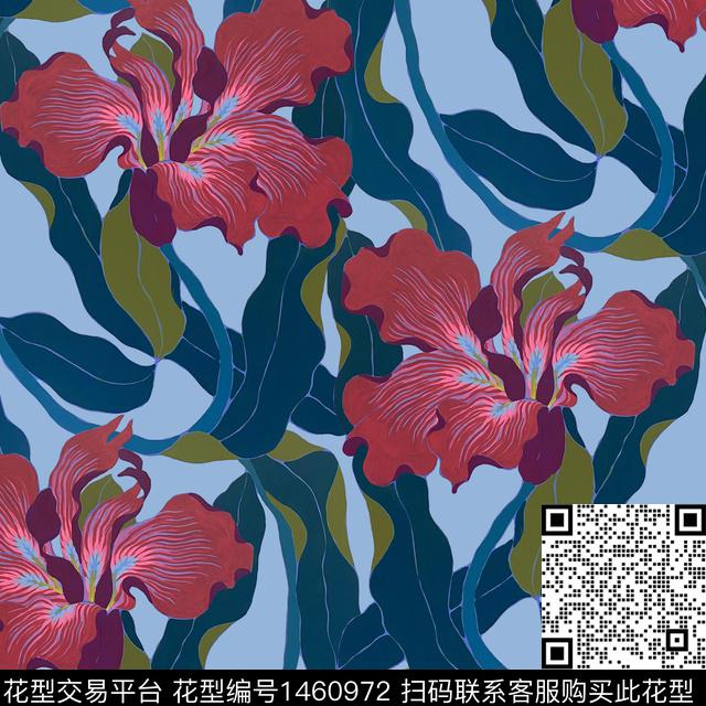 向日葵鸢尾花手绘大花数码印花华亿平台下载（图片编号: 1460972） - 瓦栏（Walan）