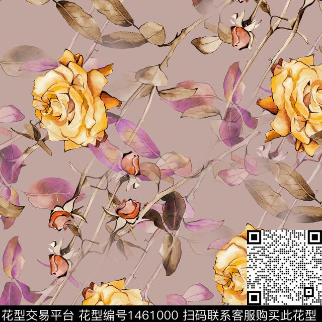 水彩绿植树叶大牌风数码印花华亿平台下载（图片编号: 1461000） - 瓦栏（Walan）