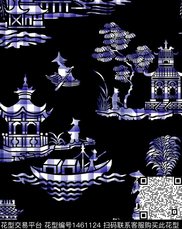 亭台楼阁传统纹样中国风数码印花华亿平台下载（图片编号: 1461124） - 瓦栏（Walan）
