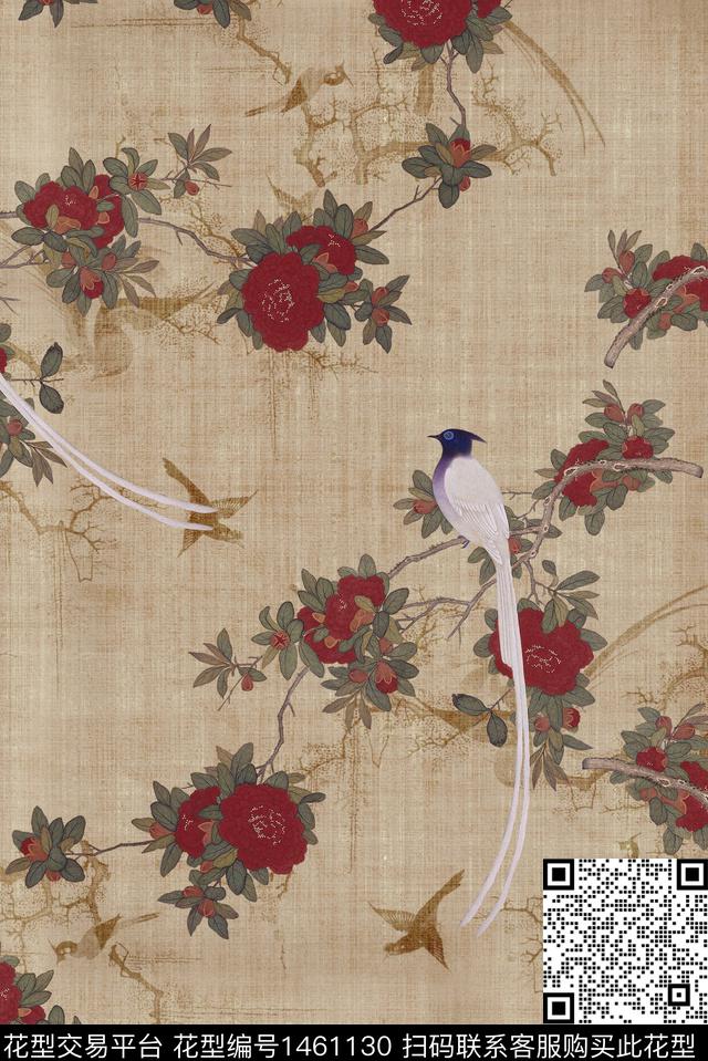 花鸟香云纱中国风数码印花华亿平台下载（图片编号: 1461130） - 瓦栏（Walan）