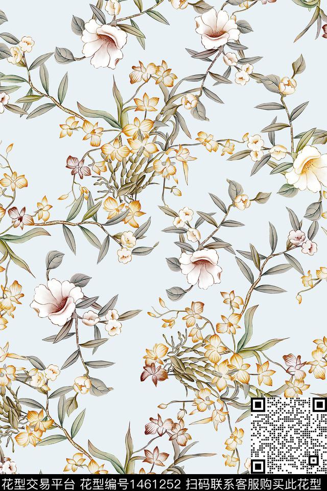 绿植树叶清爽底花卉花卉数码印花华亿平台下载（图片编号: 1461252） - 瓦栏（Walan）