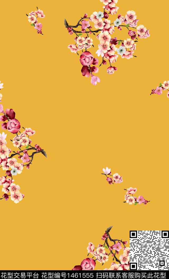 水彩花卉土黄底数码印花华亿平台下载（图片编号: 1461555） - 瓦栏（Walan）