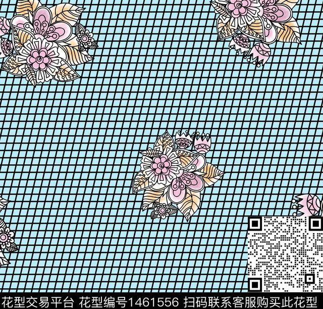 花卉手绘格子数码印花华亿平台下载（图片编号: 1461556） - 瓦栏（Walan）