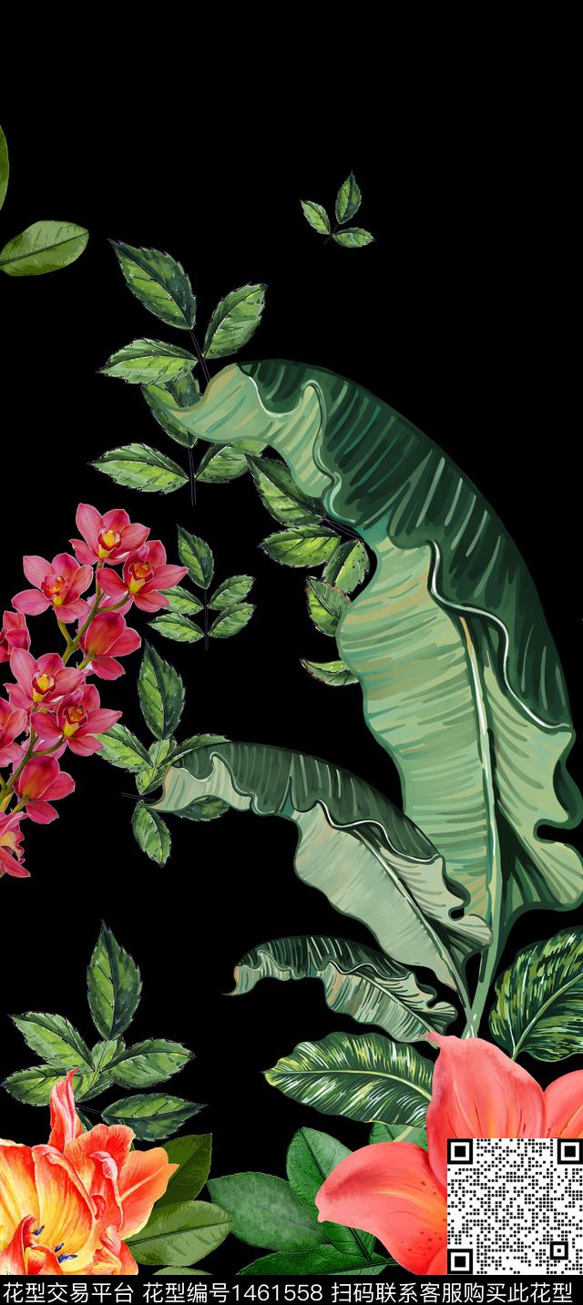 花卉黑底花卉热带华亿平台数码印花华亿平台下载（图片编号: 1461558） - 瓦栏（Walan）