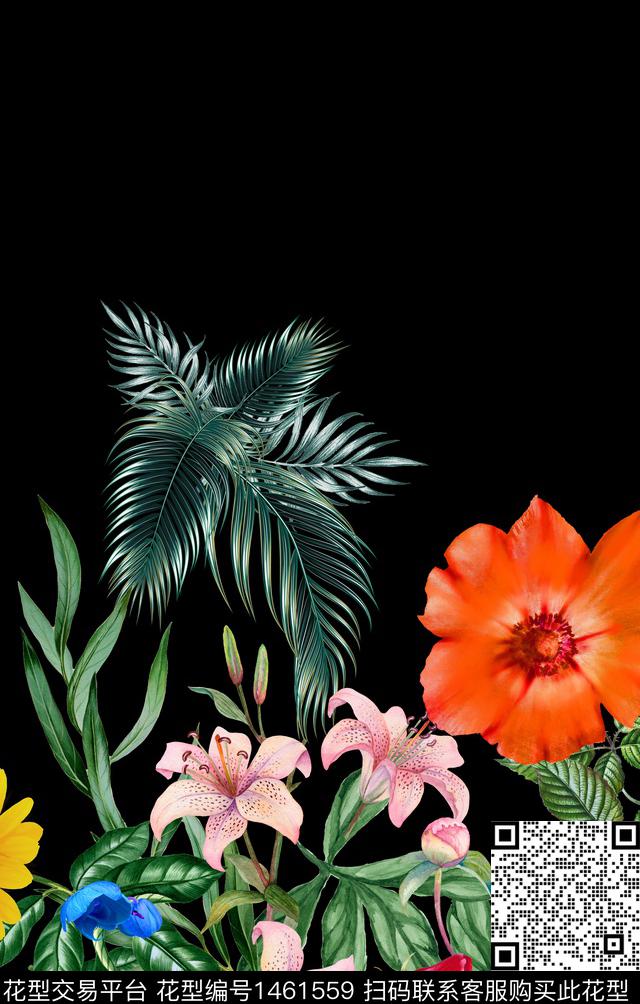花卉百合黑底花卉数码印花华亿平台下载（图片编号: 1461559） - 瓦栏（Walan）