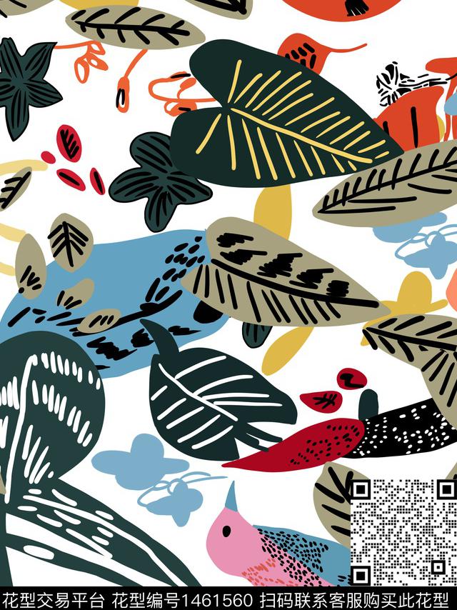 鸟花卉手绘传统印花华亿平台下载（图片编号: 1461560） - 瓦栏（Walan）