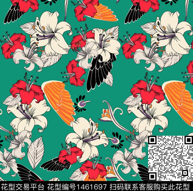 翅膀花卉彩底花卉数码印花华亿平台下载（图片编号: 1461697） - 瓦栏（Walan）