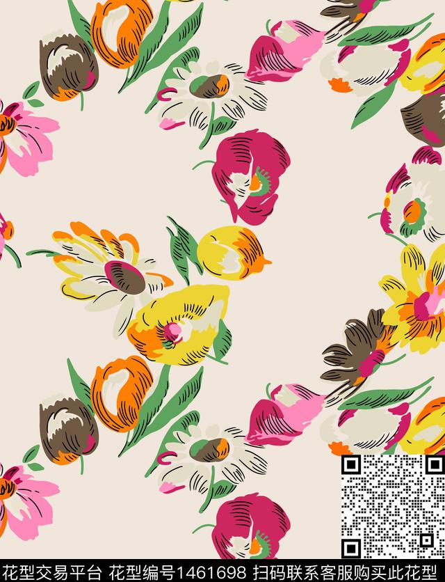 花卉手绘米色底传统印花华亿平台下载（图片编号: 1461698） - 瓦栏（Walan）