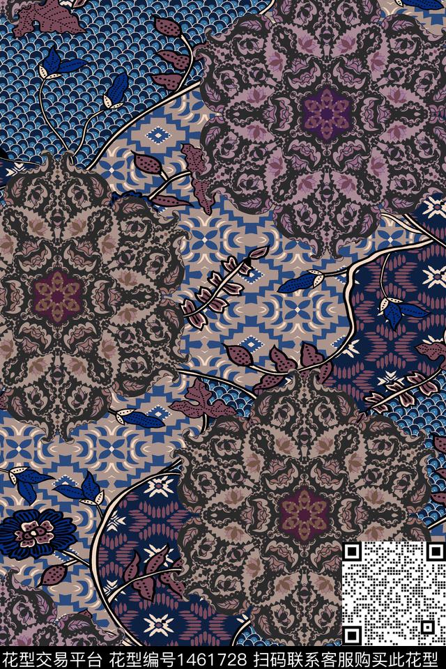 民族风花卉香云纱数码印花华亿平台下载（图片编号: 1461728） - 瓦栏（Walan）