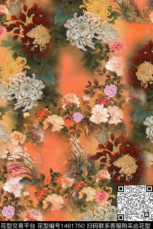 菊花香云纱中国风花卉数码印花华亿平台下载（图片编号: 1461750） - 瓦栏（Walan）