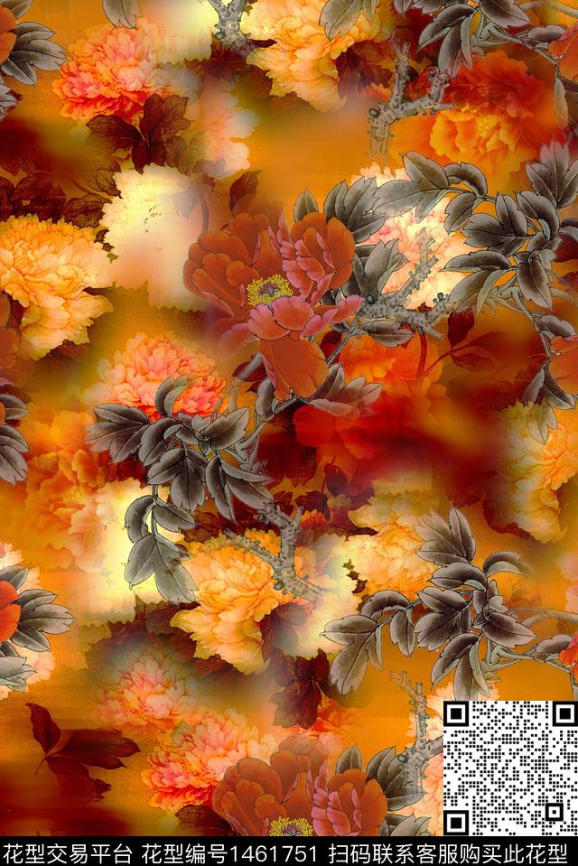 香云纱国画花中国风花卉数码印花华亿平台下载（图片编号: 1461751） - 瓦栏（Walan）