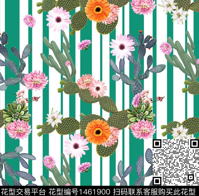 花卉仙人掌条纹底数码印花华亿平台下载（图片编号: 1461900） - 瓦栏（Walan）